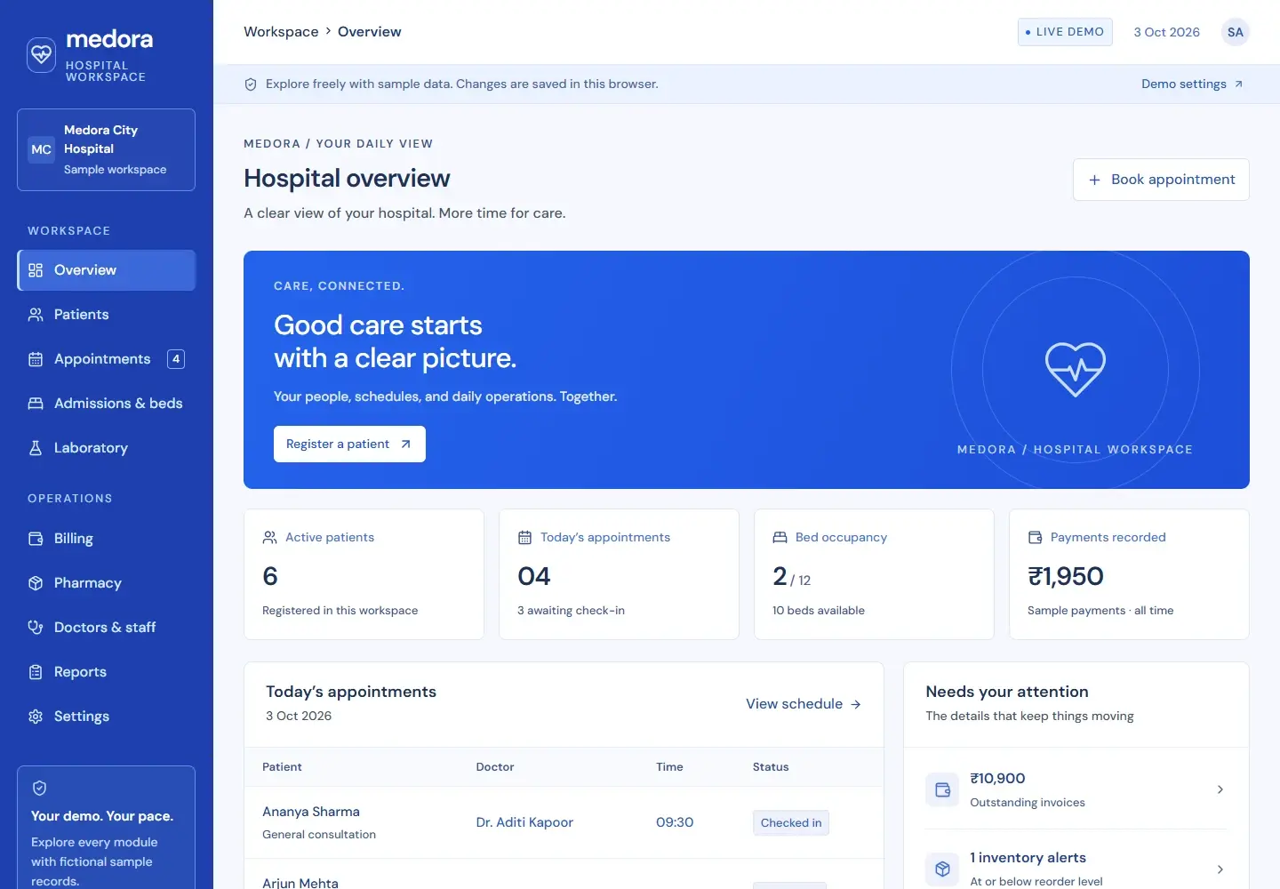 Medora overview showing the actual application navigation, metrics, and sample records